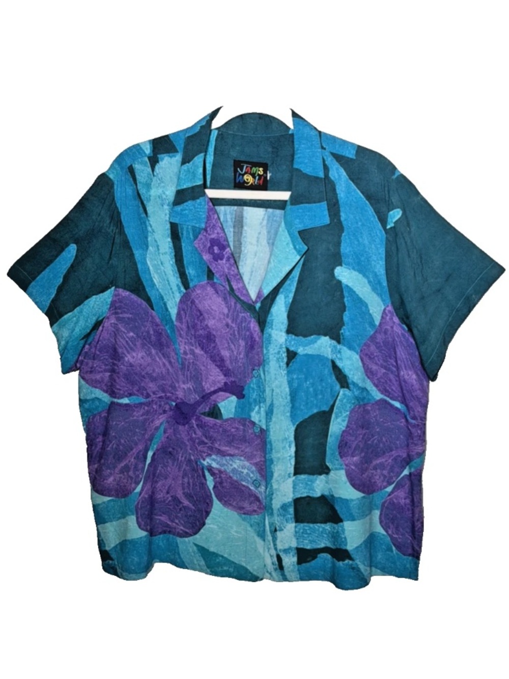 Vintage JAMS WORLD Women’s Size 2XL Violet Flower Short Sleeve Button Down Top